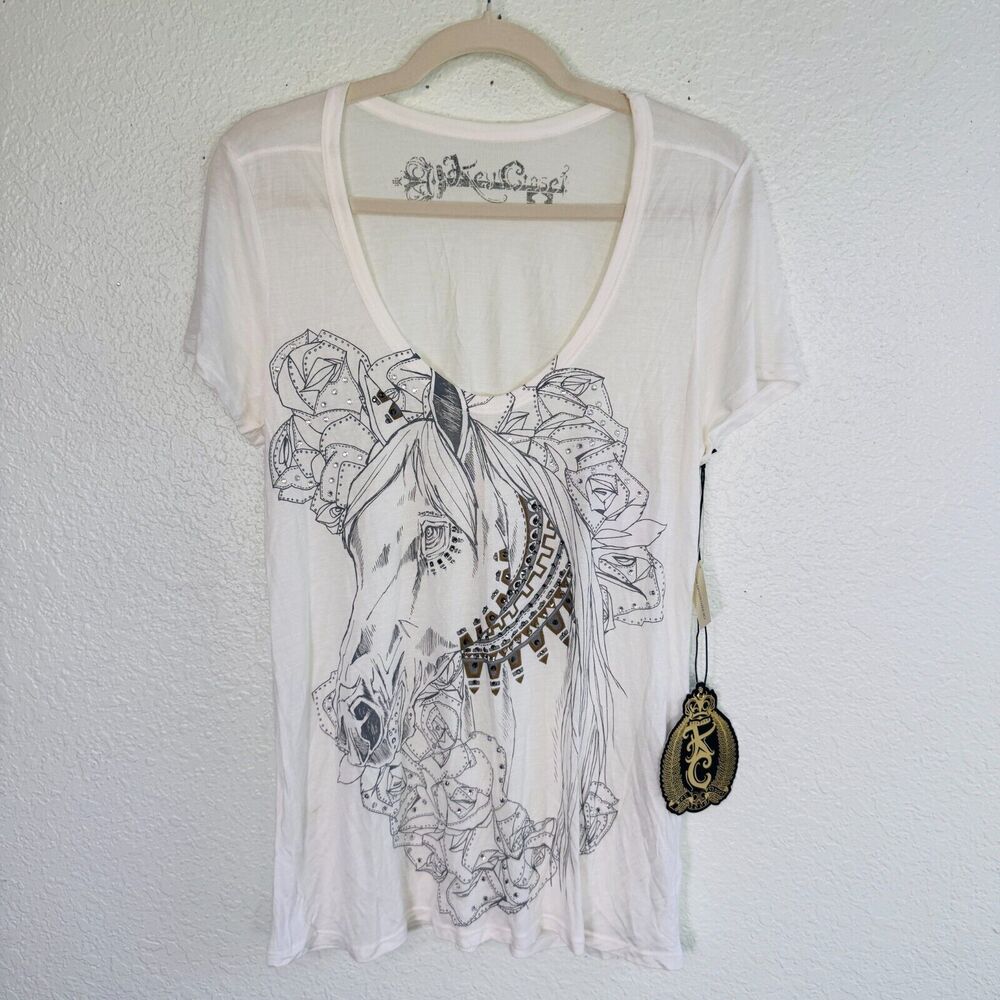 Key Closet Top Womens Small Horse Rose Swarovski Crystal Tee Equestrian Y2K NEW